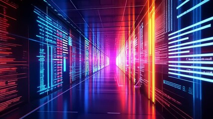 Wall Mural - Futuristic Digital Corridor with Neon Lights and Data Streams