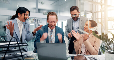 Poster - Celebrate, money and business people on laptop in office with good news, success and victory. Corporate, rain cash and men and women on computer applause for feedback, financial growth and investment