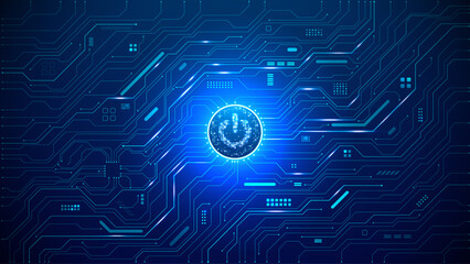 Fototapete - Abstract ON power button in the center of futuristic circuit board with light glowing wires on technology background. Blue digital tech bg. AI innovation concept. Vector illustration.
