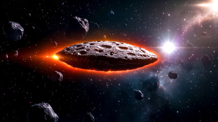 Wall Mural - spaceship flying through asteroid belt near bright star