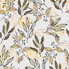 Wall Mural - gold leaves seamless vector pattern on the beige background. leaves illustration.