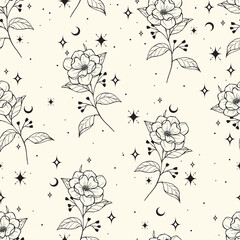 Wall Mural - magic seamless vector pattern with flowers, moons and stars. bohemian fabric design. boho pattern fo