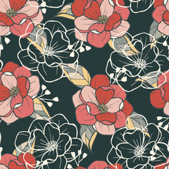 Wall Mural - Floral retro background. Red flowers. Graphic line drawing. Botanical seamless pattern. 