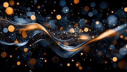 Poster - Dynamic wave of shimmering gold and blue particles on a dark background.
