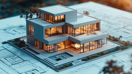 Aufkleber - Building house on blueprint under plan and architecture concept. Modern architectural design showcasing a stylish house model.