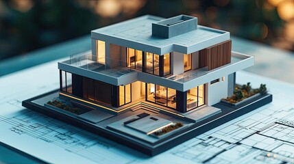 Aufkleber - Building house on blueprint under plan and architecture concept. Modern architectural model showcasing innovative design features.