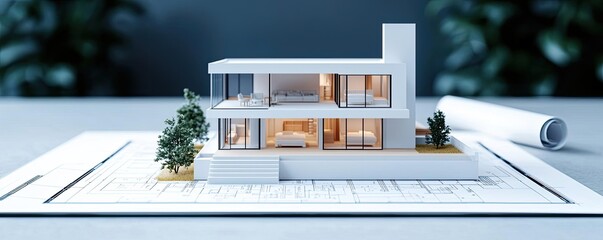Aufkleber - Building house on blueprint with a focus on architecture and vignetting concept. Modern architectural model on blueprint for design review.