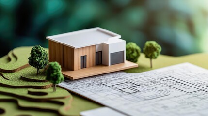 Aufkleber - Building house on blueprint under plan and architecture concept. A detailed model of a modern house on a blueprint landscape.