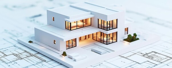 Aufkleber - Building house on blueprint with a focus on architecture and vignetting concept. A modern architectural model displaying a sleek home design.