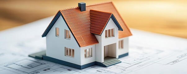 Aufkleber - Building house on blueprint under plan and architecture concept. A miniature house model on blueprints, symbolizing construction.