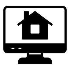 Poster - House at monitor screen solid icon, real estate concept. Vector graphics. Display with cottage building sign on white background, glyph style mobile or design.