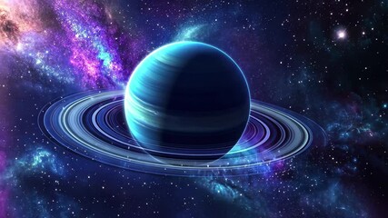 Poster - Majestic blue planet with vibrant rings in space showcasing cosmic beauty, saturn planet in space with ring video background live wallpaper
