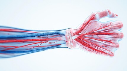 Poster - Human forearm anatomy tendon ligament and muscle concept. Detailed anatomical representation of human blood vessels.