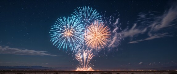 fireworks exploding above a vast desert under a starry night sky.