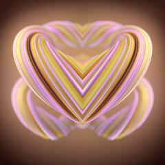 Fototapete - A symmetrical abstract form of many thin lines curving in space. Gradients of pink and yellow create a soft glowing effect. 3d rendering digital illustration