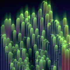 Fototapete - Digital scene with vertical structures of rounded shape colored in shimmering greens. Soft lights add a mysterious character to the image. 3d rendering