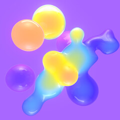 Fototapete - Abstract digital composition with floating drops that resemble liquid shapes. Their rounded contours are filled with a colorful gradient on a purple background. 3d rendering
