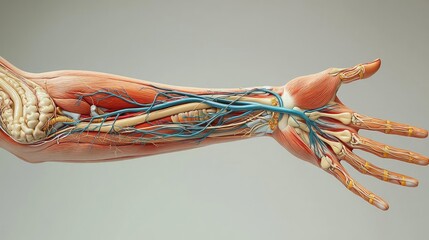 Aufkleber - Human forearm anatomy circulation vein joint and nerve concept. Detailed anatomical illustration of a human arm with nerves.