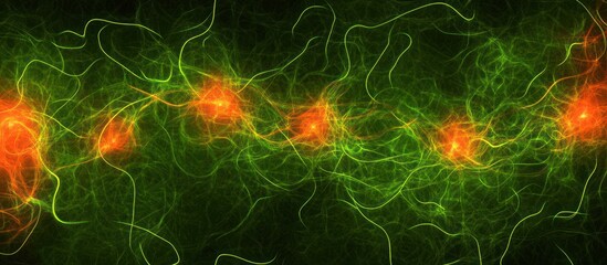 Poster - Interconnected luminous networks of green energy and vivid orange bursts on black background