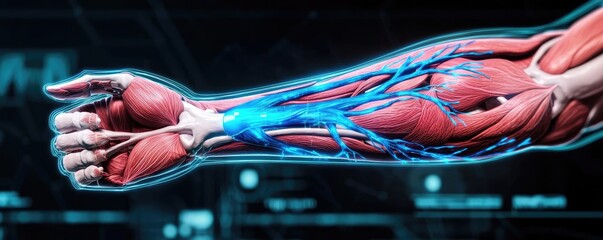 Poster - Human forearm anatomy vein joint muscle and bones concept. Detailed anatomical illustration of a human arm's muscular system.
