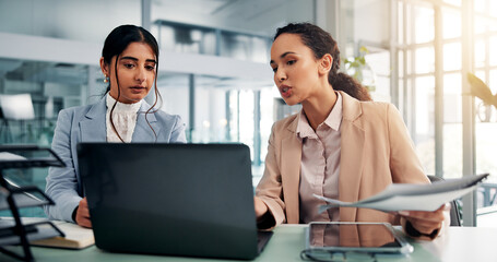 Poster - Meeting, laptop and business women with paperwork for financial review, budget report and planning. Professional, corporate and people with documents on computer for research, website and investment