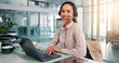 © peopleimages.com - Headset, woman and customer support consultant with laptop in office for crm consultation with inbound service. Happy, computer and female call center agent with contact us for lead generation.