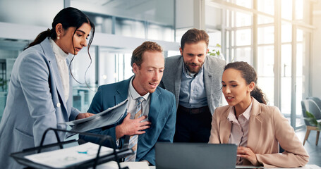 Leinwandbilder - Meeting, teamwork and business people on laptop in office for feedback, finance review and online project. Corporate, professional and men and women on computer for research, and collaboration