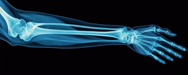 Poster - Human forearm anatomy artery vein skin and joint concept. X-ray image of a human arm showcasing skeletal structure.
