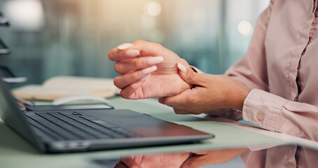 Poster - Business woman, laptop and hands with wrist pain in office for muscle tension, deadline pressure or overworked. Professional, analyst and finance report with inflammation, carpal tunnel or joint ache