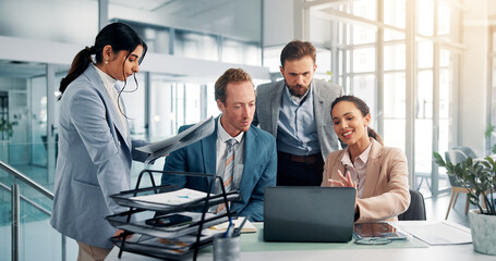 Poster - Meeting, planning and business people on laptop in office for report, finance review and online project. Corporate, professional and men and women on computer for research, teamwork and collaboration