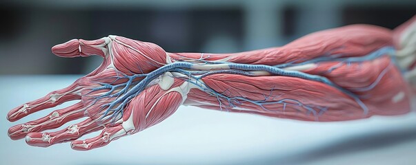 Poster - Human forearm anatomy muscle bone tendon and ligament concept. Detailed view of human arm anatomy showcasing muscles and veins.