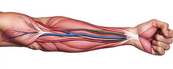 Aufkleber - Human forearm anatomy artery vein skin and joint concept. Detailed illustration of human arm anatomy showcasing muscles and nerves.