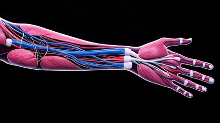 Poster - Human forearm anatomy muscle bone tendon and ligament concept. Detailed anatomical depiction of human arm muscles and nerves.