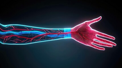 Poster - Human forearm anatomy circulation vein joint and nerve concept. Detailed illustration of human arm's blood vessels and nerves.