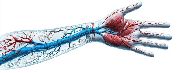 Poster - Human forearm anatomy diagram skin circulation structure concept. Anatomical illustration of human hand with detailed veins.