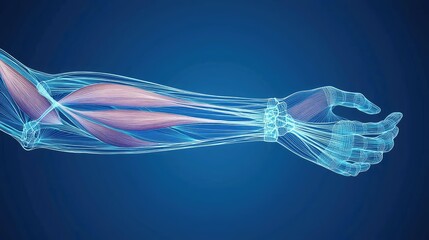 Poster - Human forearm anatomy artery vein skin and joint concept. Anatomical illustration of a human arm with muscles and tendons.