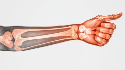 Poster - Human forearm anatomy vein joint muscle and bones concept. Detailed x-ray of a human arm showing bones and joints.