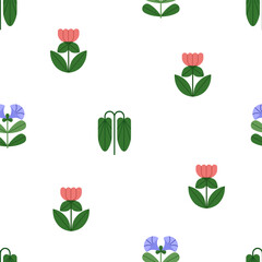 Fototapete - Floral pattern. Seamless background, flower branches. Botanical texture design, endless repeating print with spring blooms, wildflowers for fabric, wrapping, wallpaper. Flat vector illustration