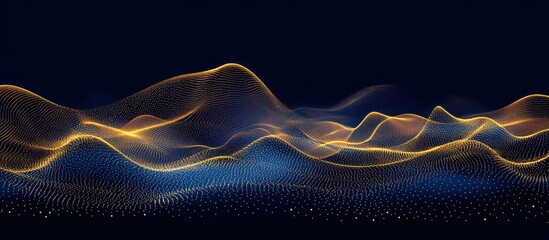 Poster - Dynamic interplay of data points creating abstract undulating luminous golden waves