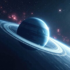 icy ringed planet with distant galaxy background, cosmos, universe, space
