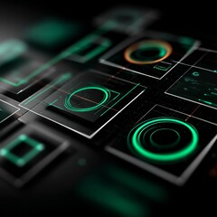 Leinwandbilder - Abstract Digital Interface: Emerald Green and Orange Elements on a Dark Background