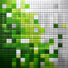 Fototapete - Abstract Mosaic: Green and White Square Tiles Creating a Pixelated Design with Glossy Surface
