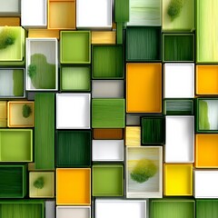 Aufkleber - Abstract Wall of Colorful Cubes and Boxes in Shades of Green, Yellow, and White - 3D Rendered Composition