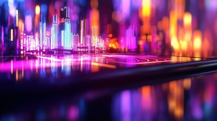 Wall Mural - Neon city reflected on a futuristic platform