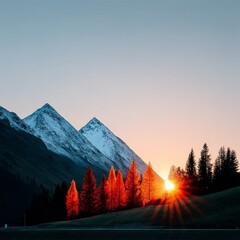 Aufkleber - Golden Sunrise Glow: Snow-Capped Peaks and Vibrant Trees Catching the First Light of Day in an Alpine Landscape.