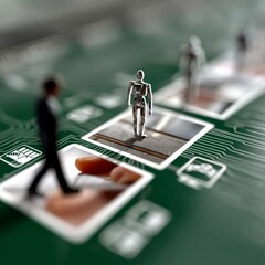 Fototapete - Navigating the Digital Landscape: Human and Robot Figures on a Complex Circuit Board Path Forward