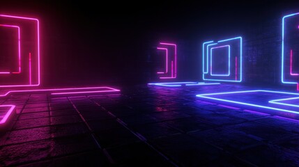 Wall Mural - Neon light corridor, futuristic, stone floor, glowing rectangles