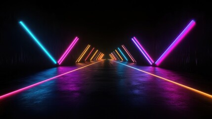 Wall Mural - Neon tunnel, colorful lights, dark interior, perspective view