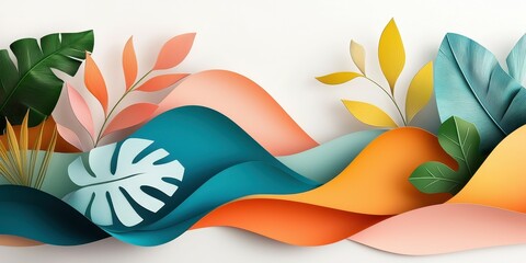 Poster - Vibrant paper foliage with flowing waves in tropical colors
