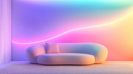 Poster - modern living room with ambient neon lighting: experience the fusion of minimalist design with a cap